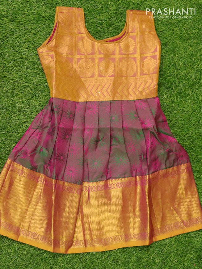 Silk kids frock mustard yellow and dual shade of green pink with self emboss and zari woven border for 3 years - {{ collection.title }} by Prashanti Sarees