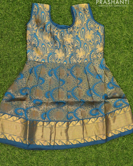 Silk kids frock peacock blue and with allover zari weaves and zari woven border for 6 months - {{ collection.title }} by Prashanti Sarees