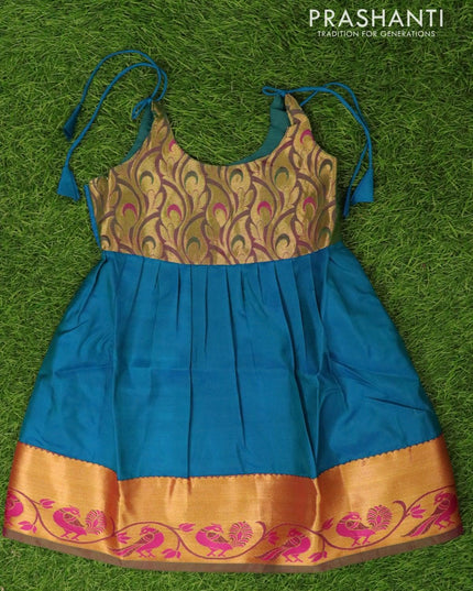 Silk kids frock peacock blue and with plain and zari woven border for 4 years - {{ collection.title }} by Prashanti Sarees