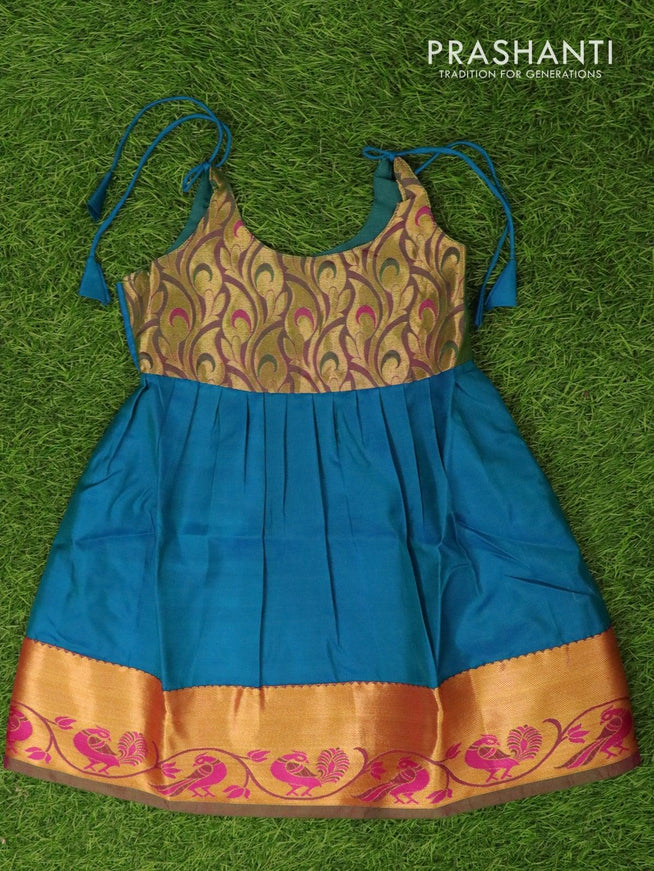 Silk kids frock peacock blue and with plain and zari woven border for 4 years - {{ collection.title }} by Prashanti Sarees