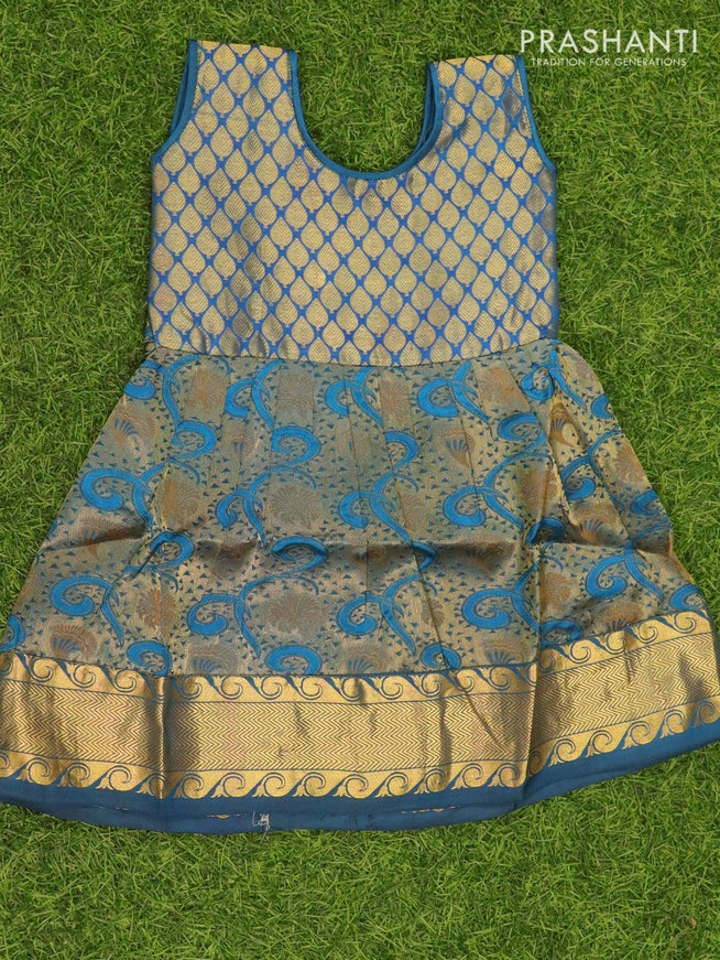 Silk kids frock peacock blue and with self emboss and zari woven border for 1 year - {{ collection.title }} by Prashanti Sarees