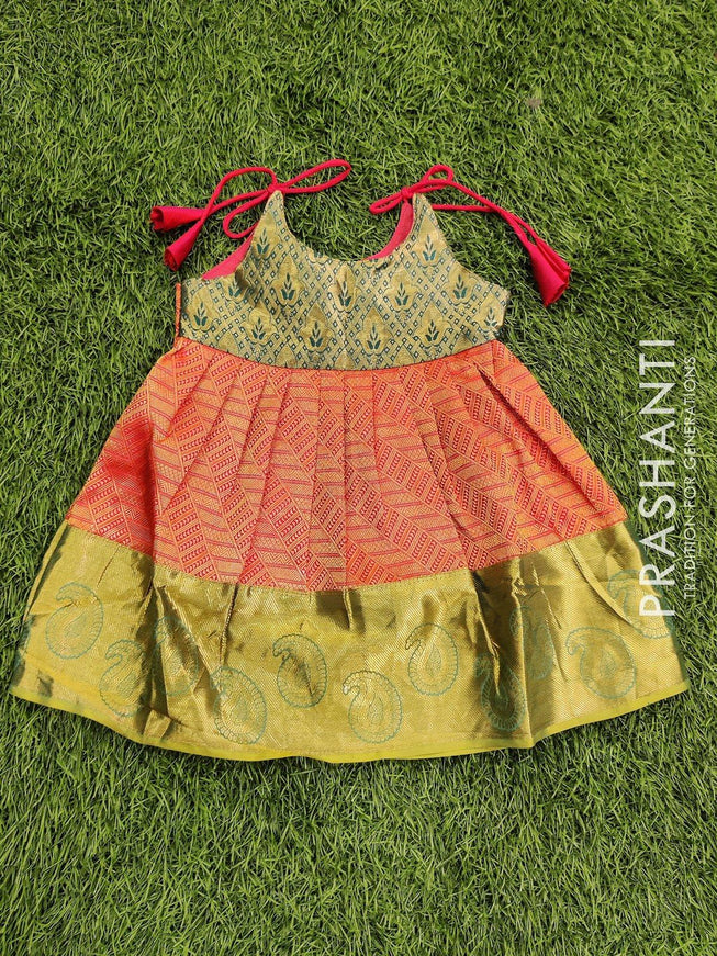 Silk kids frock peacock green and orange with allover zari weaves and zari border for 3months - {{ collection.title }} by Prashanti Sarees
