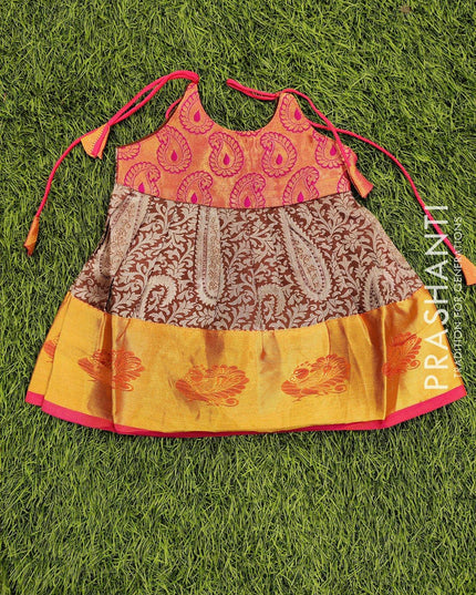 Silk kids frock pink and brown shade with silver zari weaves and zari woven border for 3 months - {{ collection.title }} by Prashanti Sarees