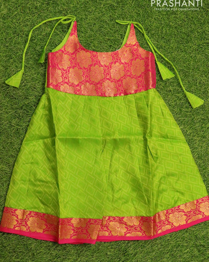 Silk kids frock pink and green with allover self emboss and zari woven border for 4 years - {{ collection.title }} by Prashanti Sarees