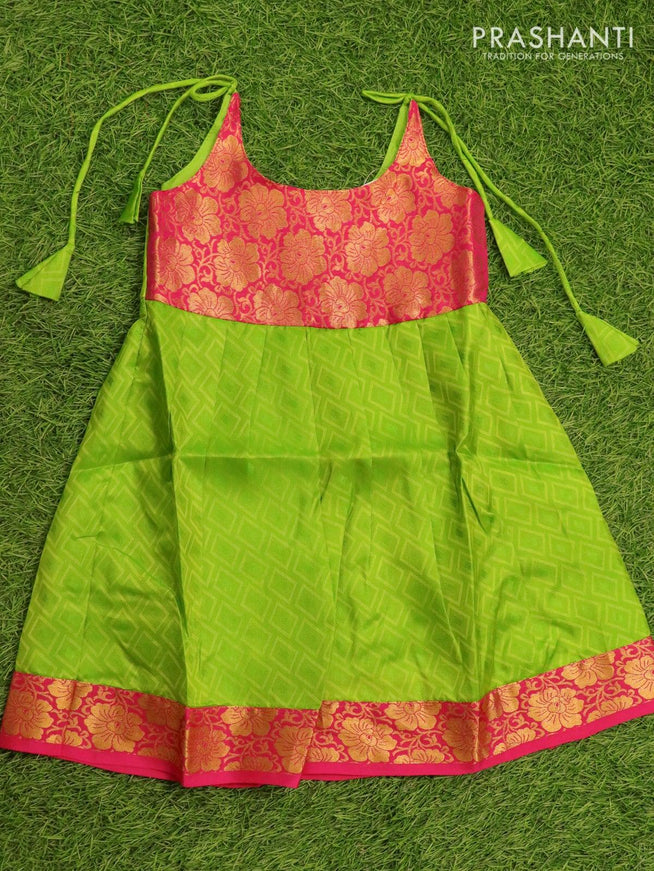 Silk kids frock pink and green with allover self emboss and zari woven border for 4 years - {{ collection.title }} by Prashanti Sarees
