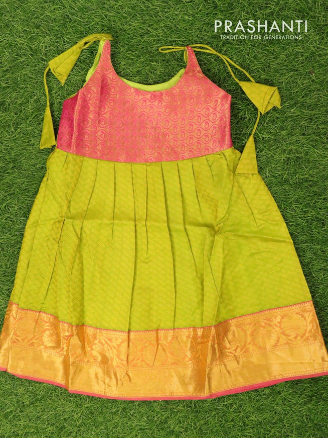 Silk kids frock pink and light green with self emboss and zari woven border for 5 years - {{ collection.title }} by Prashanti Sarees