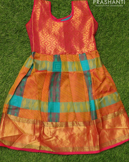 Silk kids frock pink and multi colour with self emboss and zari woven border for 4 years - {{ collection.title }} by Prashanti Sarees