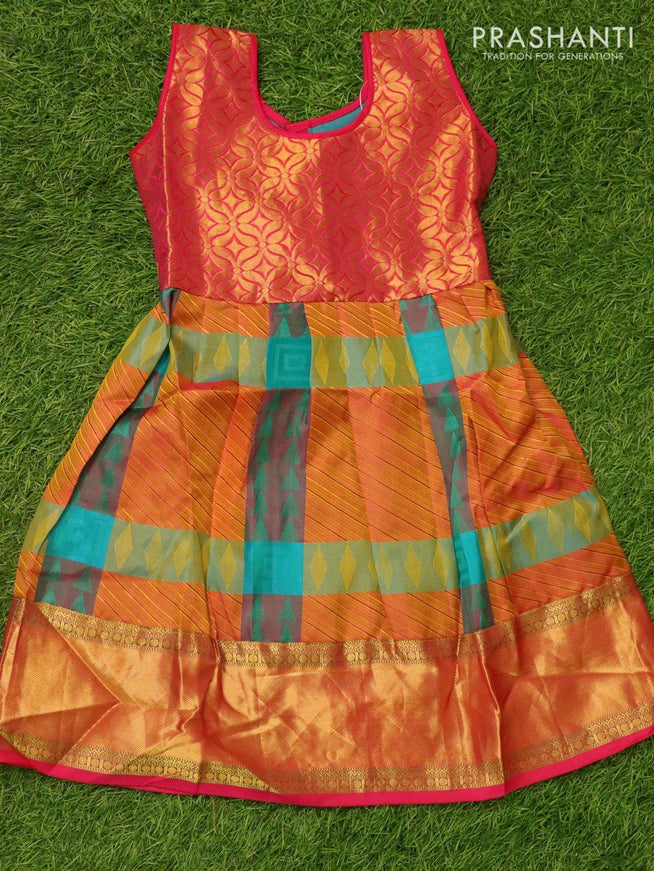 Silk kids frock pink and multi colour with self emboss and zari woven border for 4 years - {{ collection.title }} by Prashanti Sarees