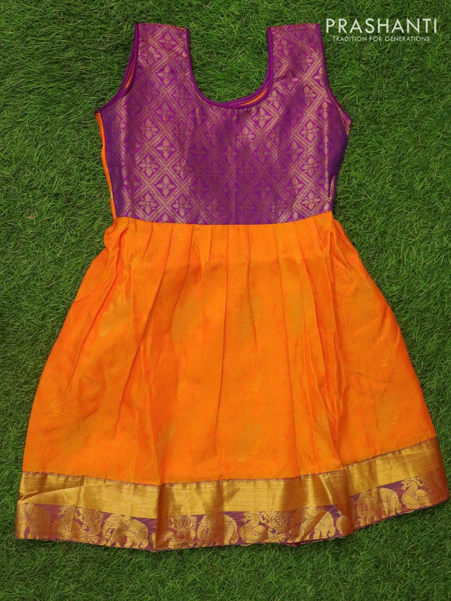 Silk kids frock purple and orange with self emboss & buttas and zari woven border for 5 years - {{ collection.title }} by Prashanti Sarees