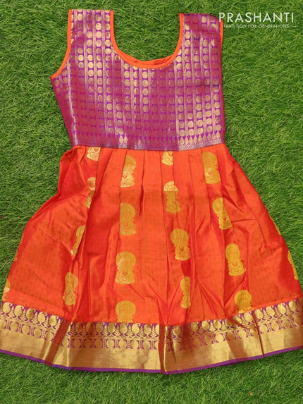 Silk kids frock purple and rustic orange with self emboss & zari buttas and zari woven border for 4 years - {{ collection.title }} by Prashanti Sarees