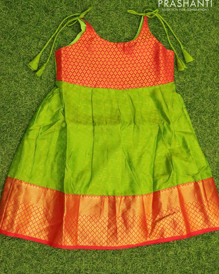 Silk kids frock red and green with self emboss and zari woven border for 5 years - {{ collection.title }} by Prashanti Sarees