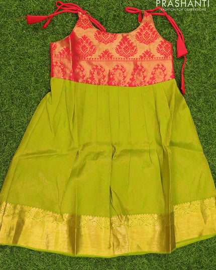 Silk kids frock red and lime green with allover zari weaves and zari woven border for 5 years - {{ collection.title }} by Prashanti Sarees