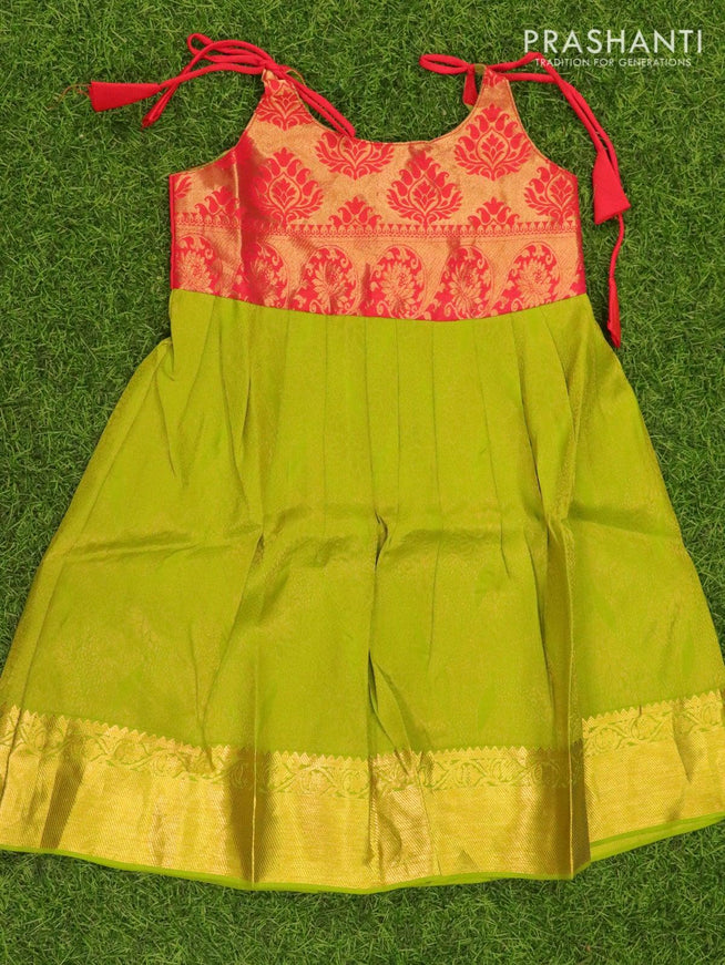 Silk kids frock red and lime green with allover zari weaves and zari woven border for 5 years - {{ collection.title }} by Prashanti Sarees