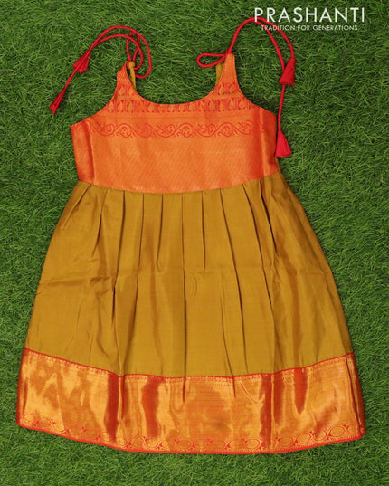 Silk kids frock red and mustard green with plain and zari woven border for 5 years - {{ collection.title }} by Prashanti Sarees