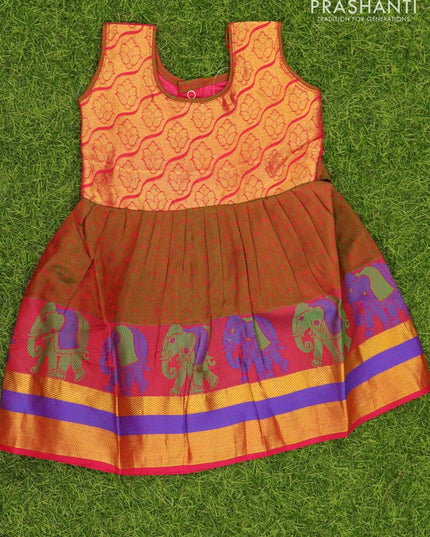 Silk kids frock reddish pink and manthulir green with self emboss and zari woven border for 6 months - {{ collection.title }} by Prashanti Sarees