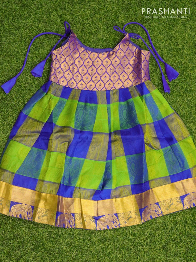 Silk kids frock violet and green with self emboss and zari woven border for 4 years - {{ collection.title }} by Prashanti Sarees