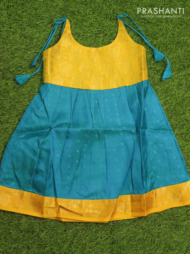 Silk kids frock yellow and blue shade with allover self emboss and zari woven border for 4 years - {{ collection.title }} by Prashanti Sarees