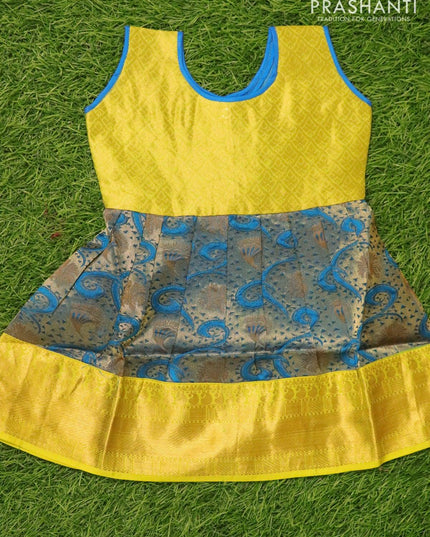 Silk kids frock yellow and cs blue with allover zari weaves and zari woven border for 3 months - {{ collection.title }} by Prashanti Sarees