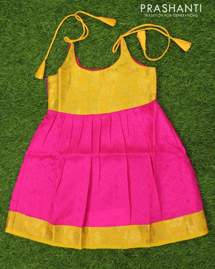Silk kids frock yellow and pink with self emboss and zari woven border for 4 years - {{ collection.title }} by Prashanti Sarees