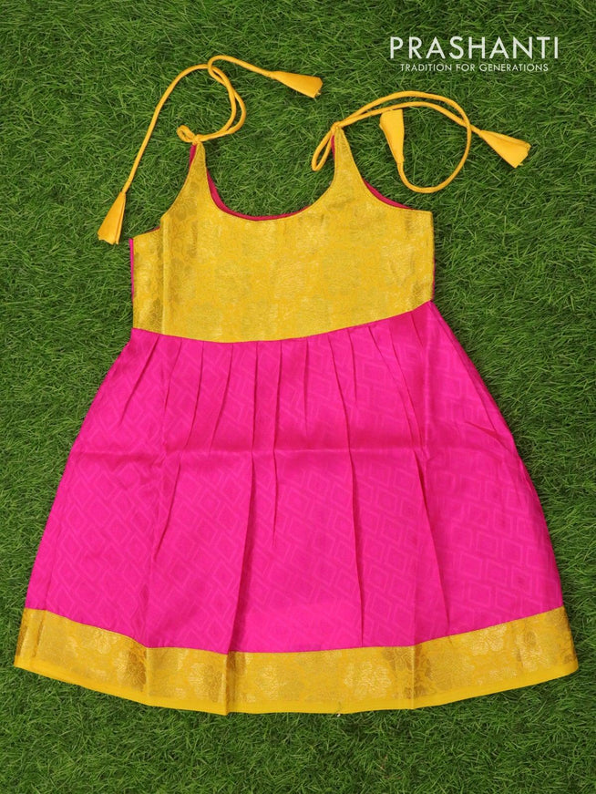 Silk kids frock yellow and pink with self emboss and zari woven border for 4 years - {{ collection.title }} by Prashanti Sarees