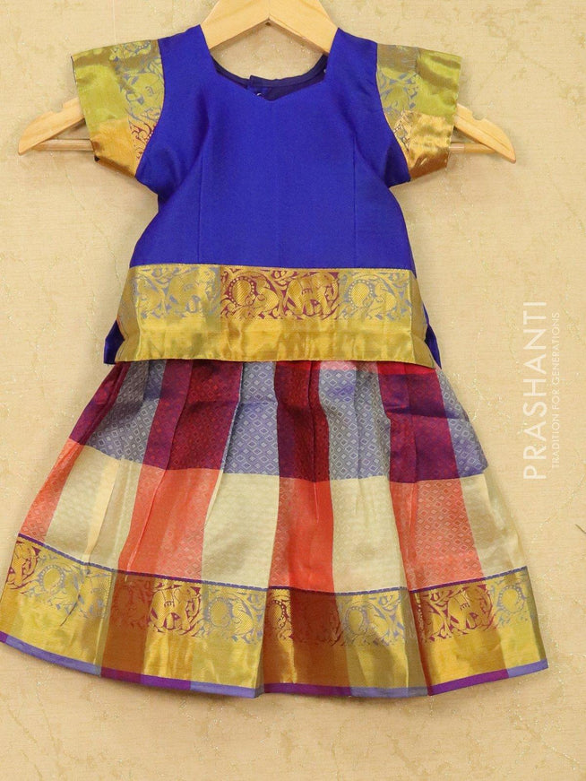 Silk kids lehanga blue and cream with checked pattern and zari woven border for 1 year - {{ collection.title }} by Prashanti Sarees