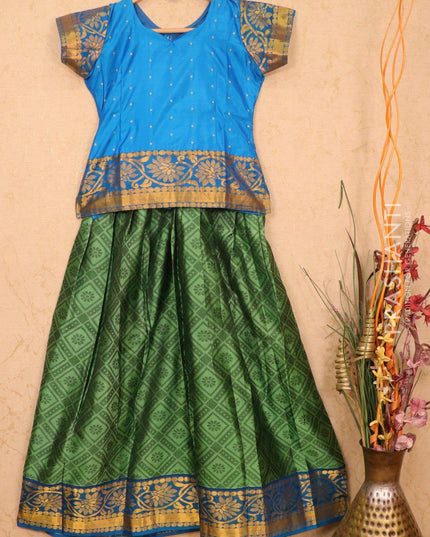 Silk kids lehanga blue and green with allover self emboss and zari woven border for 12 years - {{ collection.title }} by Prashanti Sarees