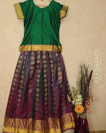 Silk kids lehanga dark green and magenta pink with allover self emboss and zari woven border for 15 years - {{ collection.title }} by Prashanti Sarees