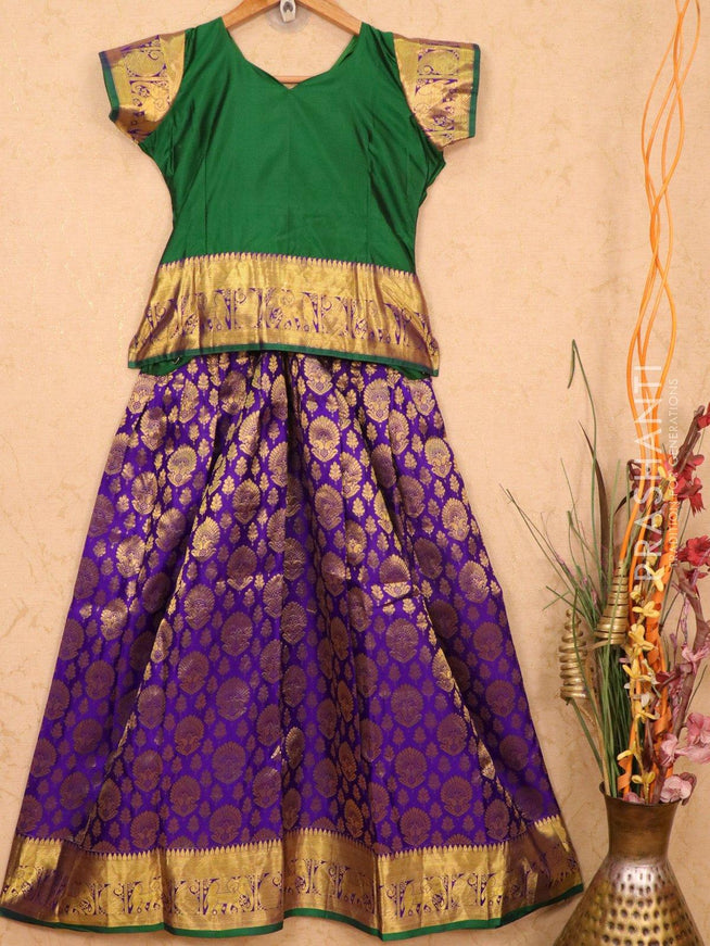 Silk kids lehanga dark green and violet with golden zari woven buttas and zari woven border for 11 years - {{ collection.title }} by Prashanti Sarees