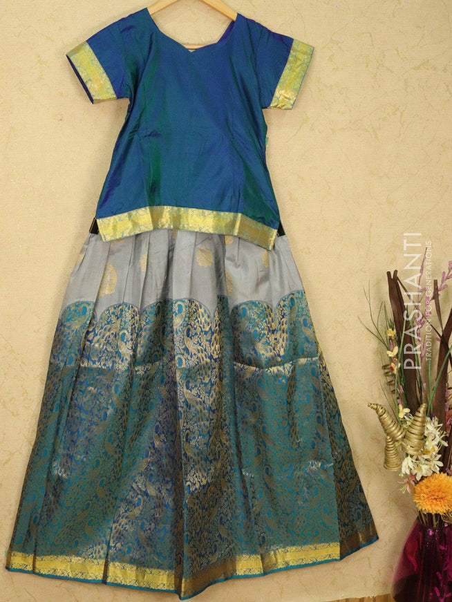 Silk kids lehanga dual shade of blue and grey with zari woven buttas and long zari woven border for 12 years - {{ collection.title }} by Prashanti Sarees