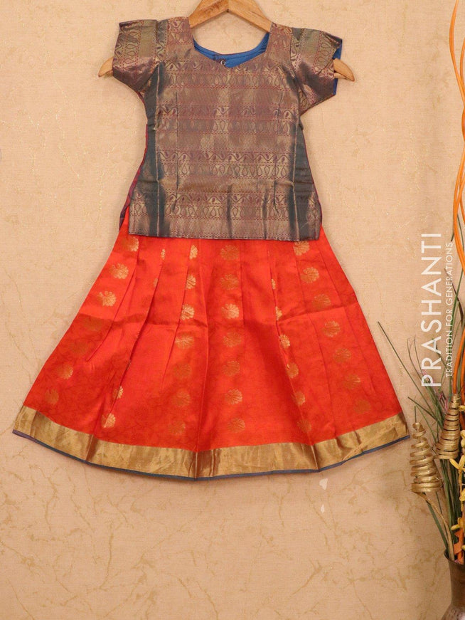Silk kids lehanga dual shade of blue and orange with allover self emboss buttas and zari woven border for 4 years - {{ collection.title }} by Prashanti Sarees