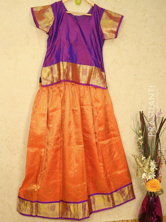 Silk kids lehanga dual shade of purple and orange with allover zari weaves and zari woven border for 14 years - {{ collection.title }} by Prashanti Sarees