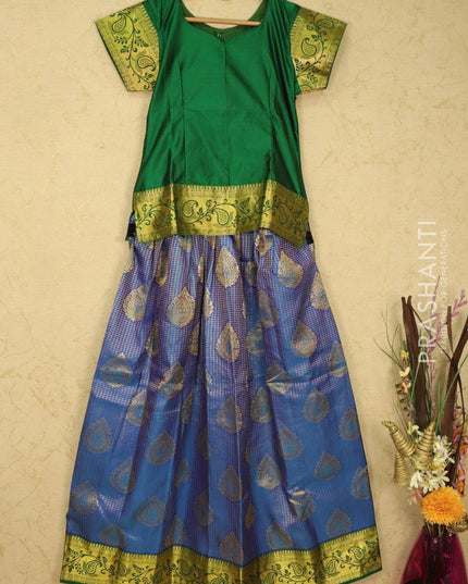 Silk kids lehanga green and blue with allover zari checks buttas and zari woven border for 15 years - {{ collection.title }} by Prashanti Sarees
