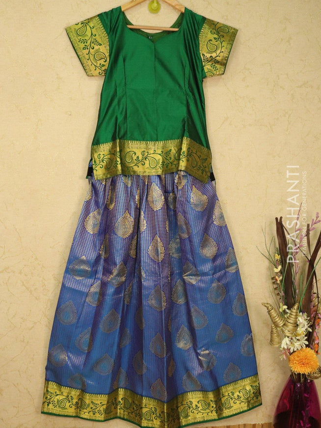 Silk kids lehanga green and blue with allover zari checks buttas and zari woven border for 15 years - {{ collection.title }} by Prashanti Sarees
