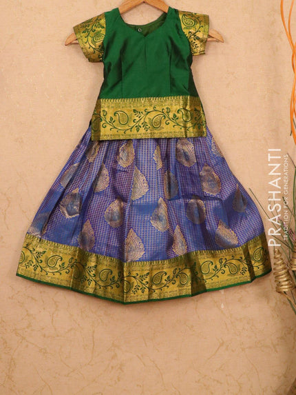 Silk kids lehanga green and blue with allover zari checks buttas and zari woven border for 4 years - {{ collection.title }} by Prashanti Sarees