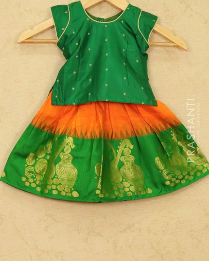 Silk kids lehanga green and orange with allover self emboss and zari butta border for 0-1 year - {{ collection.title }} by Prashanti Sarees