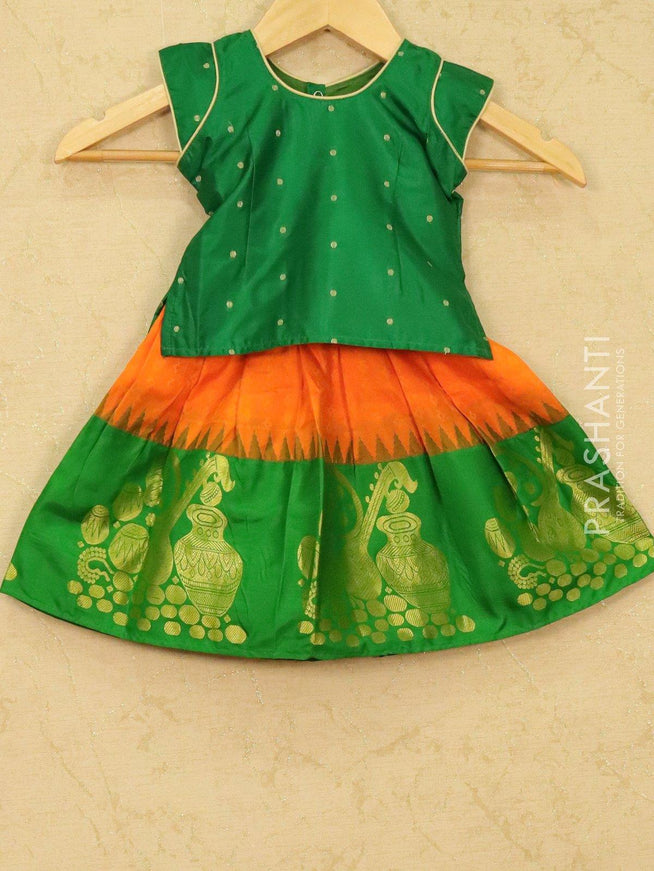 Silk kids lehanga green and orange with allover self emboss and zari butta border for 0-1 year - {{ collection.title }} by Prashanti Sarees
