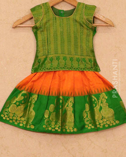 Silk kids lehanga green and orange with allover self emboss and zari woven butta border for 1 year - {{ collection.title }} by Prashanti Sarees