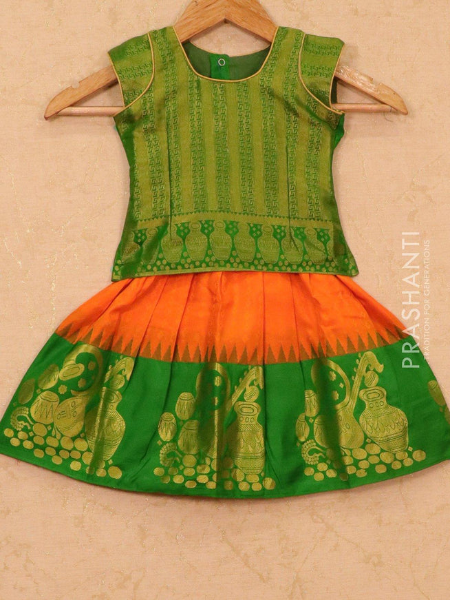 Silk kids lehanga green and orange with allover self emboss and zari woven butta border for 1 year - {{ collection.title }} by Prashanti Sarees