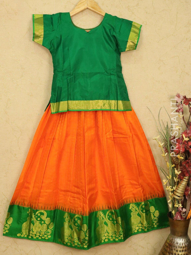 Silk kids lehanga green and orange with allover self emboss and zari woven butta border for 9 years - {{ collection.title }} by Prashanti Sarees