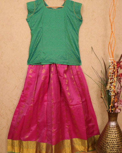 Silk kids lehanga green and pink with allover self emboss buttas and zari woven border for 16 years - {{ collection.title }} by Prashanti Sarees