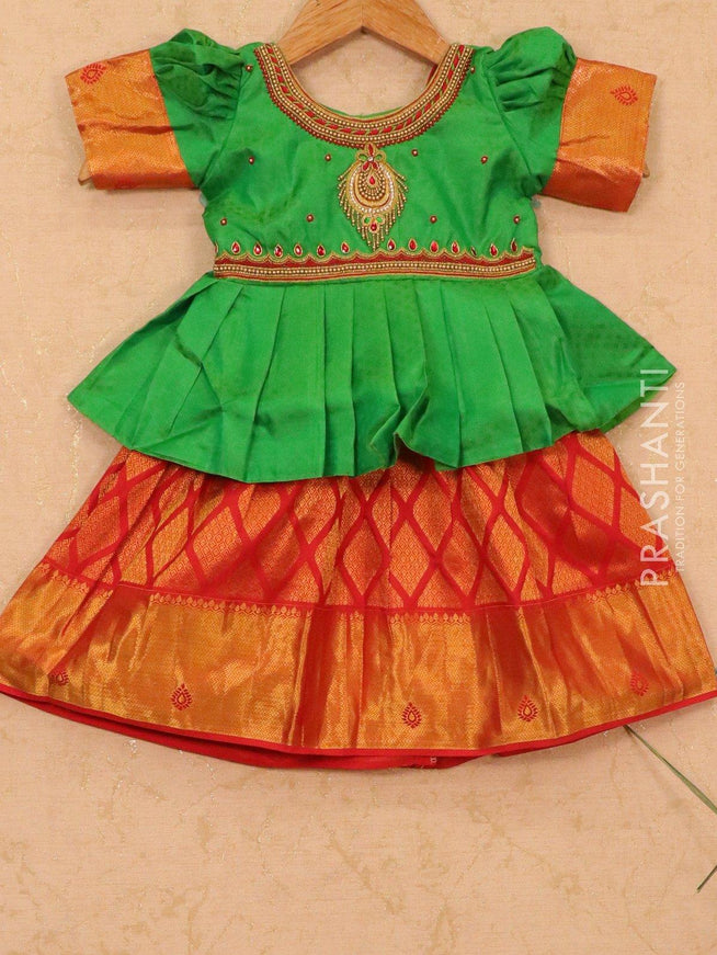 Silk kids lehanga green and red with zari woven buttas and zari woven border for 0-1 year - {{ collection.title }} by Prashanti Sarees
