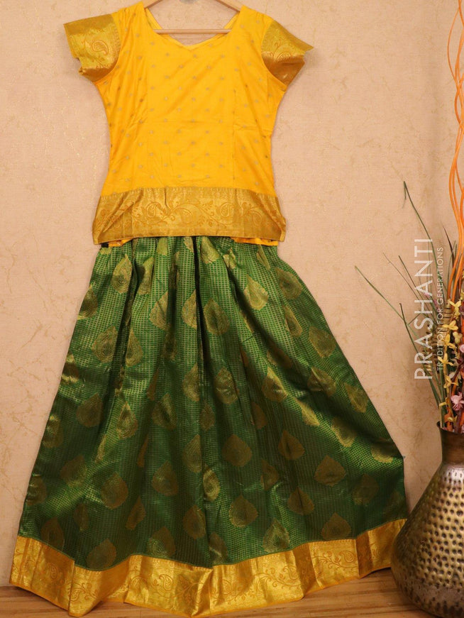 Silk kids lehanga green and yellow with allover zari checks buttas and ari woven border for 15 years - {{ collection.title }} by Prashanti Sarees