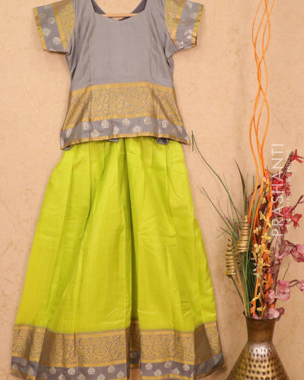 Silk kids lehanga grey and lime green with allover self emboss and zari woven border for 11 years - {{ collection.title }} by Prashanti Sarees