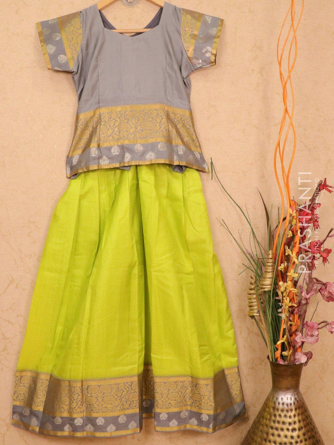 Silk kids lehanga grey and lime green with allover self emboss and zari woven border for 11 years - {{ collection.title }} by Prashanti Sarees