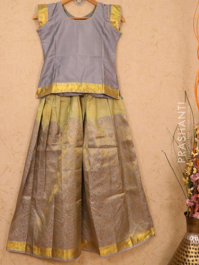Silk kids lehanga grey and pastal green with allover zari woven buttas and long zari woven border for 11 years - {{ collection.title }} by Prashanti Sarees
