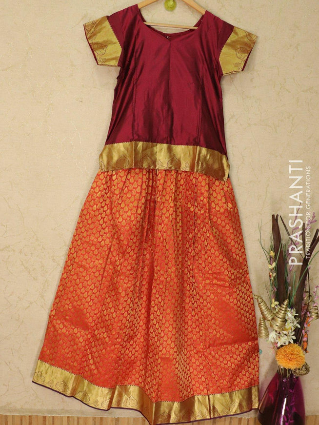 Silk kids lehanga maroon and orange with allover zari woven buttas and zari woven border for 15 years - {{ collection.title }} by Prashanti Sarees