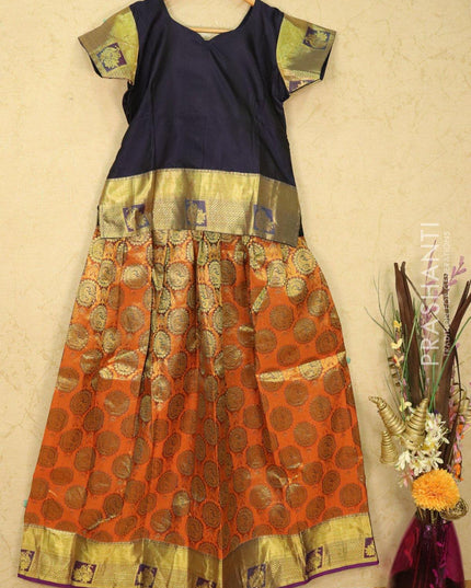 Silk kids lehanga navy blue and orange with allover zari weaves buttas and zari woven border for 13 years - {{ collection.title }} by Prashanti Sarees