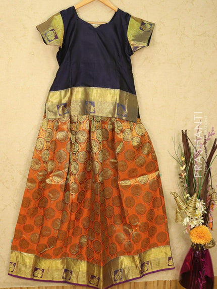 Silk kids lehanga navy blue and orange with allover zari weaves buttas and zari woven border for 13 years - {{ collection.title }} by Prashanti Sarees