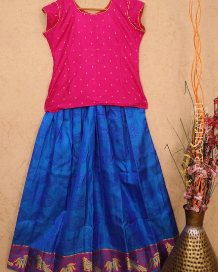 Silk kids lehanga pink and cs blue with allover self emboss and zari woven border for 14 years - {{ collection.title }} by Prashanti Sarees