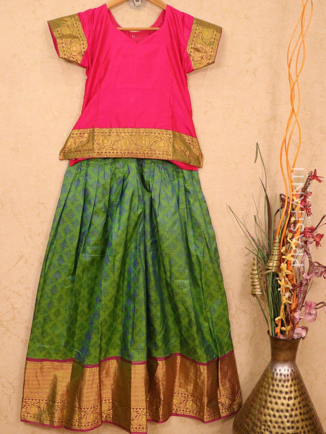 Silk kids lehanga pink and green with allover self emboss and zari woven border for 12 years - {{ collection.title }} by Prashanti Sarees